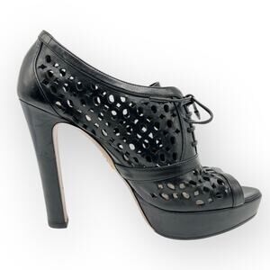 Prada Womens Heels Perforated Lace-Up Platform Black Leather Peep Toe